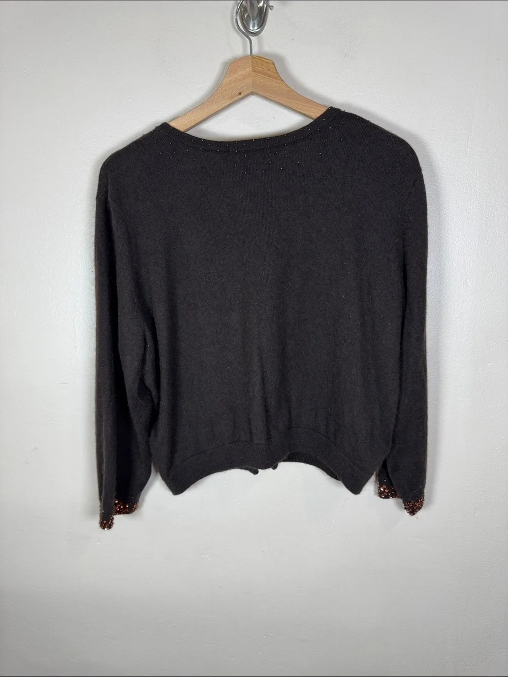 VTG Maggy London Chocolate Brown Cardigan Knit Beaded Trim Angora Silk Classic